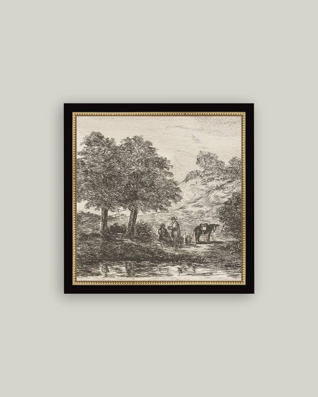 Landscape with Family under Tree Framed Antique Art