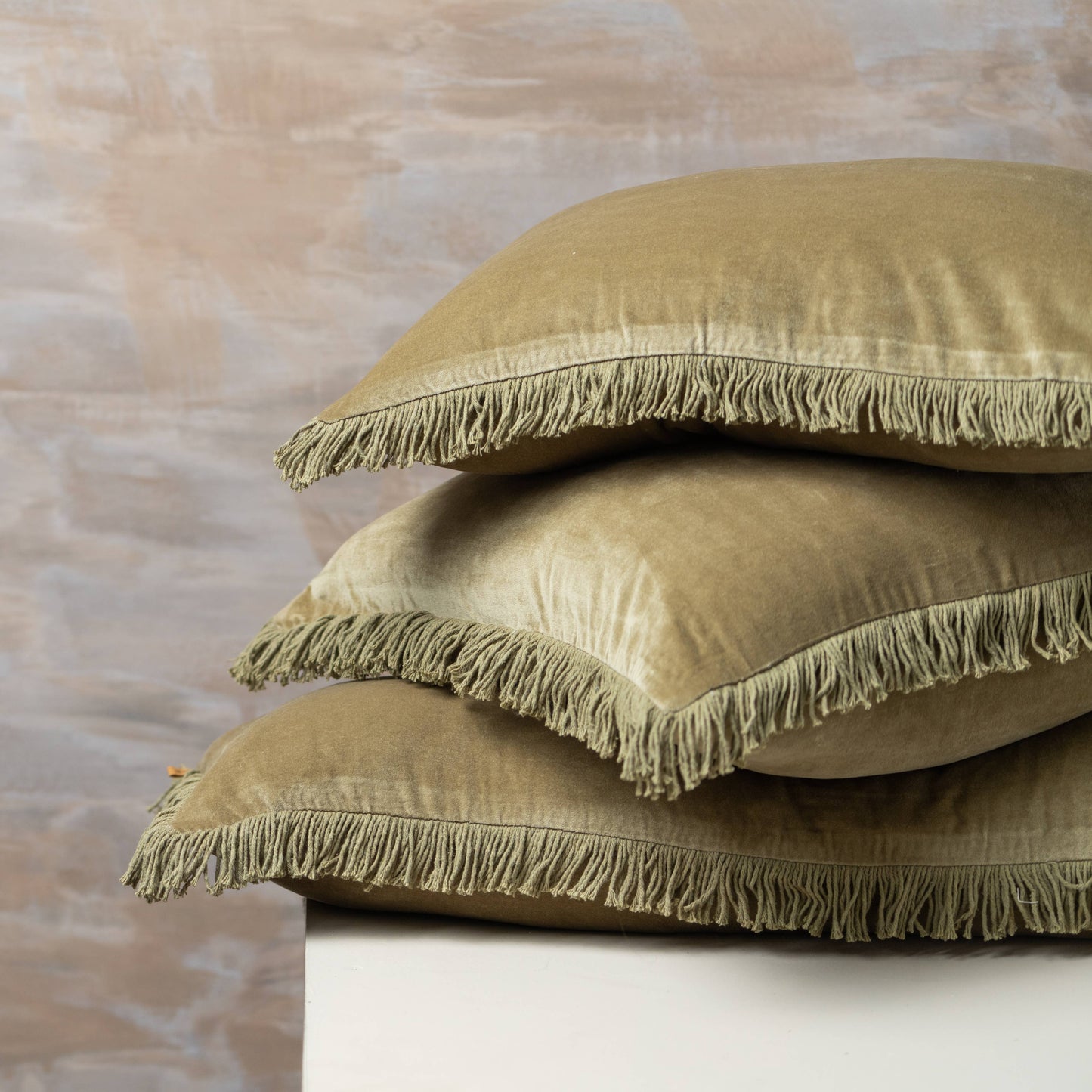 Velvet Fringed Square Cushion | Olive