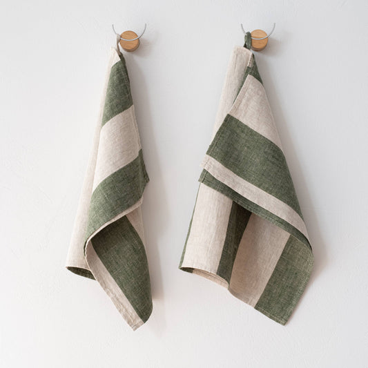 Set of 2 Linen Hand or Tea Forest Green Natural Venice