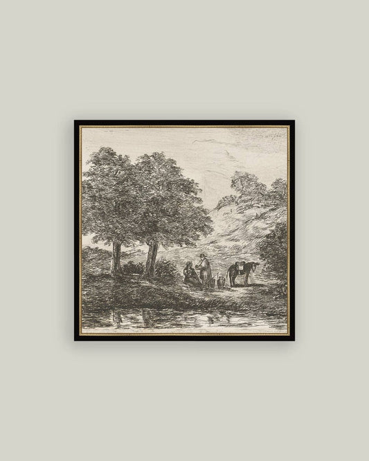 Landscape with Family under Tree Framed Antique Art
