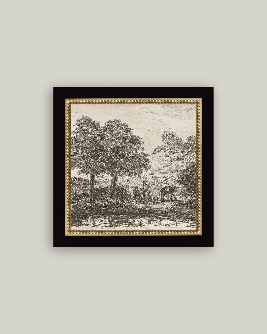 Landscape with Family under Tree Framed Antique Art