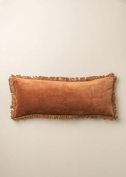 Velvet Fringed Bolster Cushion | Terracotta