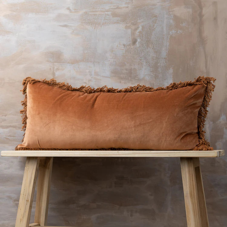 Velvet Fringed Bolster Cushion | Terracotta