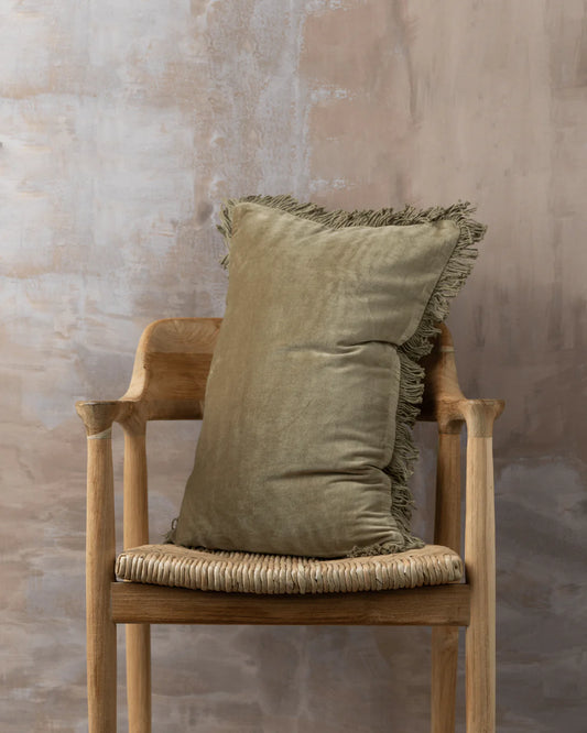 Velvet Fringed Lumbar Cushion | Olive