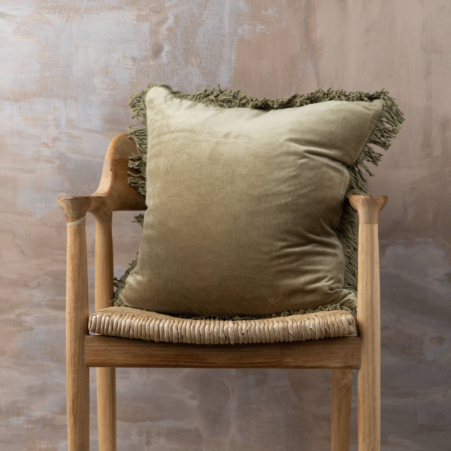 Velvet Fringed Square Cushion | Olive