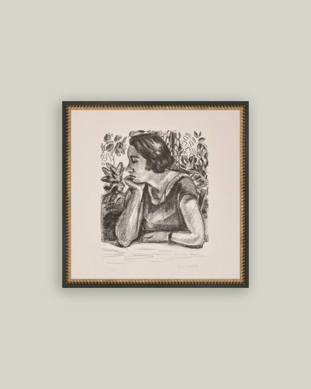 Woman Resting on Her Arm Framed Antique Art