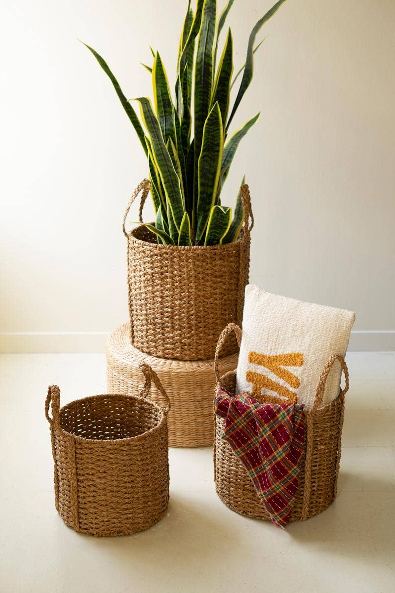 ROUND BRAIDED SEAGRASS STORAGE BASKETS W HANDLES
