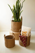 ROUND BRAIDED SEAGRASS STORAGE BASKETS W HANDLES