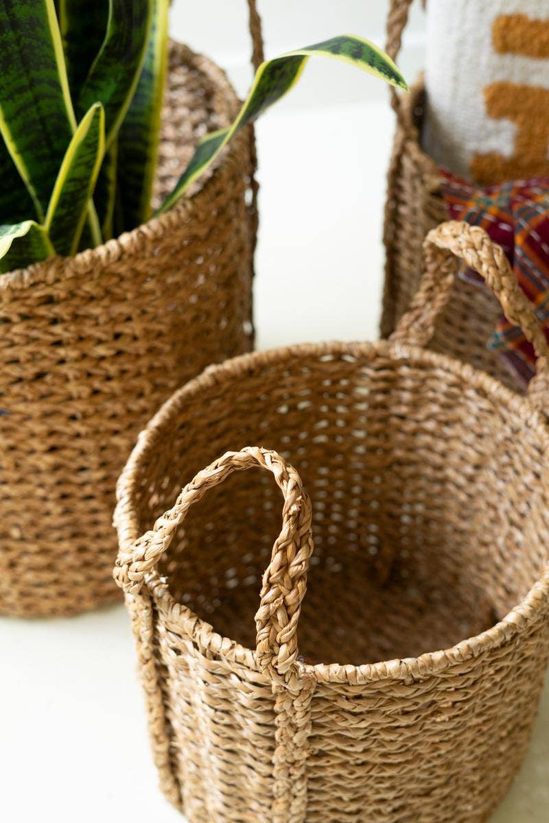 ROUND BRAIDED SEAGRASS STORAGE BASKETS W HANDLES