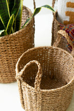 ROUND BRAIDED SEAGRASS STORAGE BASKETS W HANDLES