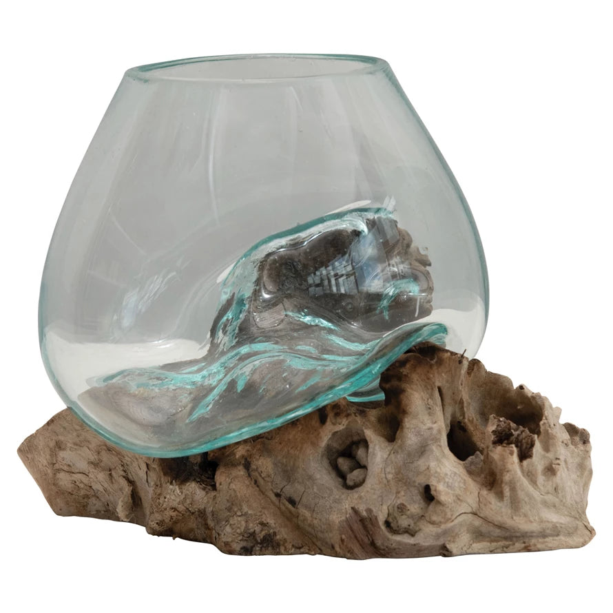 Glass Planter/Vase on Natural Wood Base - Small