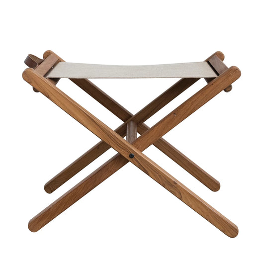 Teakwood & Linen Folding Stool