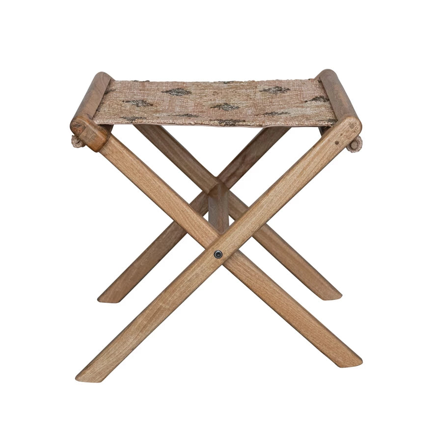 Mango Wood & Jute Kilim Folding Stool